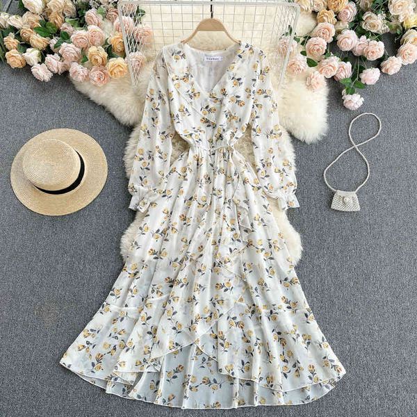 

two piece dress elegant floral print women 2021 fashion spring summer v-neck full sleeve elastic waist irregular ruffles beach max, White
