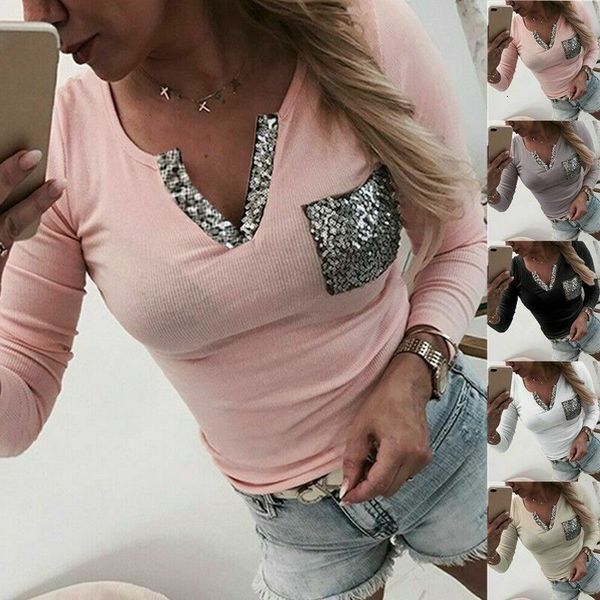 

v-neck ladies pockets slim splicing pullover long sleeved t-shirt blouse, White