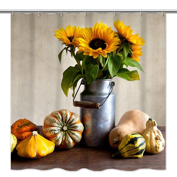 

sunflower pumpkin shower curatin - pumpkins and sunflowers barrel waterproof bathtub shower curtain for bathroom with 12 hooks,