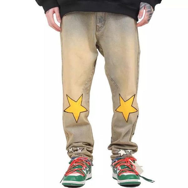

men's jeans high street straight washed distressed casual denim trousers, Blue