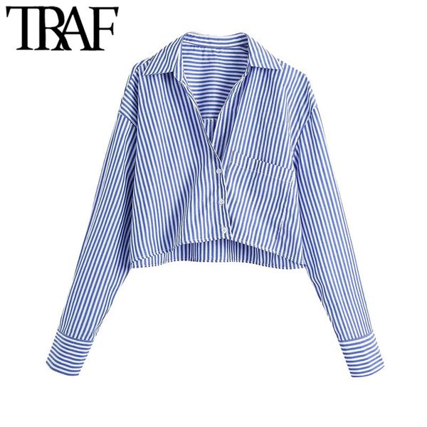

traf women fashion with pockets striped cropped blouses vintage long sleeve button-up female shirts blusas chic 210415, White