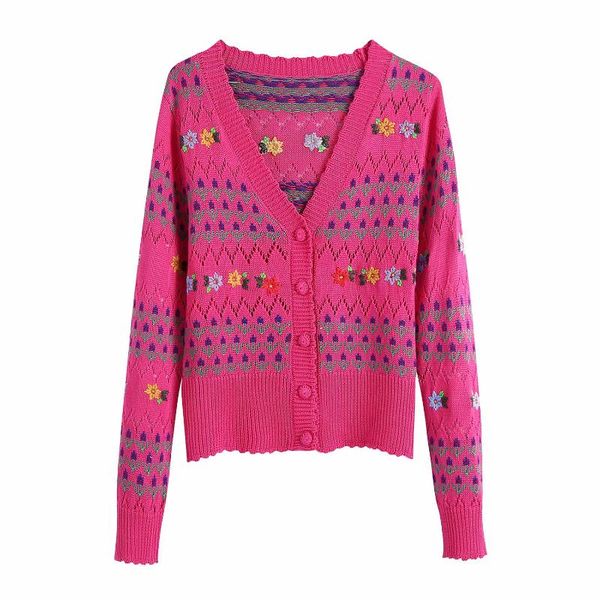 

women's knits & tees women fashion v neck floral embroidery hollow out crochet knitted sweater female chic long sleeve cardigan, White