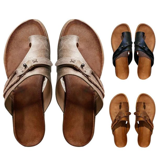 

women slippers sandals retro rome slip-on buckle decor summer casual beach open-toe shoes lady flip flops, Black