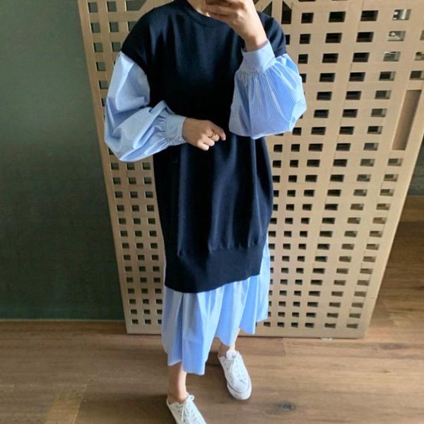 

casual dresses vintage o neck contrast stitching stripe woman dress loose fake two piece lantern sleeve split vestidos mujer korean robe, Black;gray