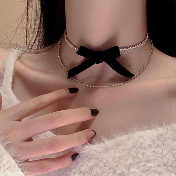 

chokers luxury bling rhinestones bowknot necklace for women girl black velvet tie bow necklaces elegant accessories, Golden;silver