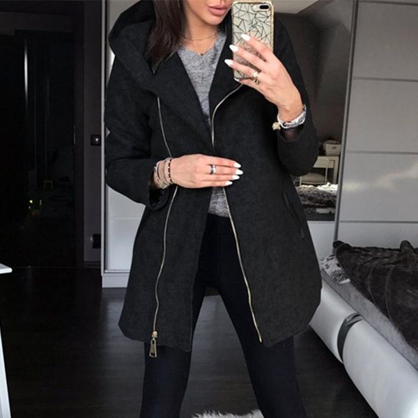 

long coat women zipper sleeve hooded jackets casual female warm slim pockets outwear pluse size winter clothes women's, Black;brown