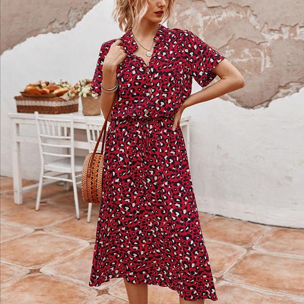 

casual dresses floral summer dress for women polka dot printing button irregular colla short-sleeved party elegent ladies, Black;gray