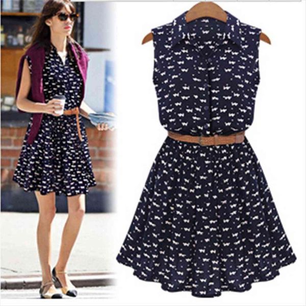 

summer fashion blouses cat women dresses footprints pattern thin blouse casual with belt, Black;gray