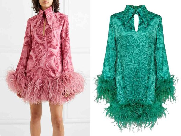 

runway dresses europe and the united states latest large-pointed lapel long-sleeved ostrich fear stitching slim printed mini dress vc1a, Black