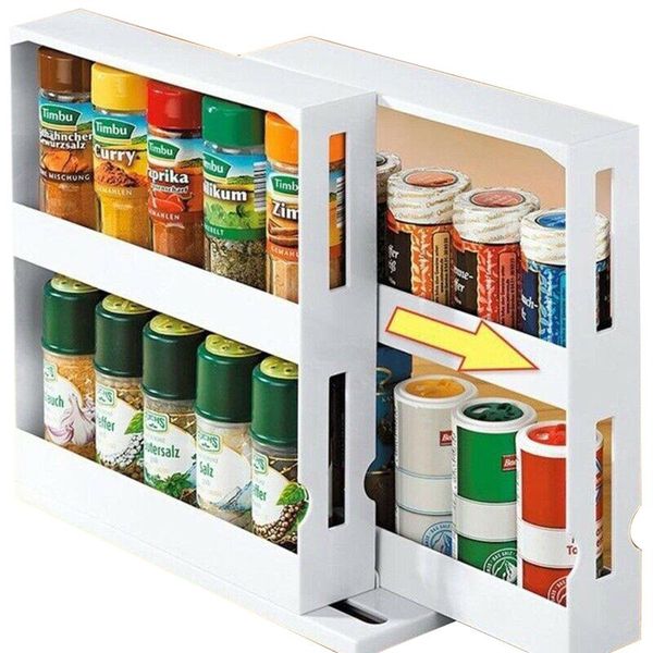 

hooks & rails double layer kitchen spice organizer rack slide cabinet cupboard storage multi-function rotating shelf