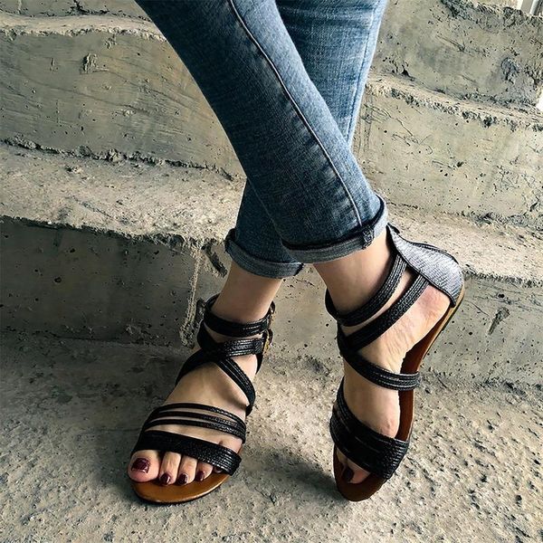 

sandals summer women's zipper flat buckle strap gladiator women 2021 cross vintage roman shoes sandalias mujer, Black