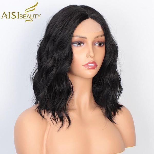 

beauty short water wave bob wigs synthetic black for women middle part heat resistant hair1