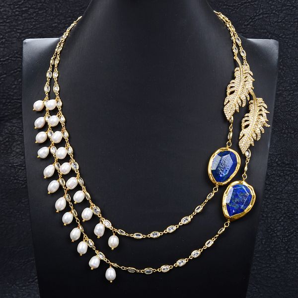 

guaiguai jewelry freshwater white rice pearl lapis chain necklace cz pave connector handmade for women real gems stone lady fashion jeweller, Silver