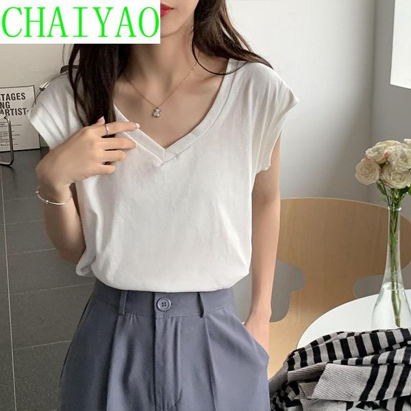 

women's t-shirt crescent city cotton short sleeve summer 2021 loose and simple solid color v-neck casual base fashion, White