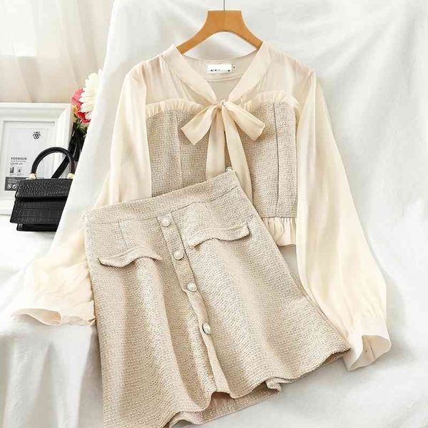 

temperament suit female spring lace-up bow-knot long-sleeved mesh patchwork tweed shirt + button woolen skirt 2 piece set 210525, White