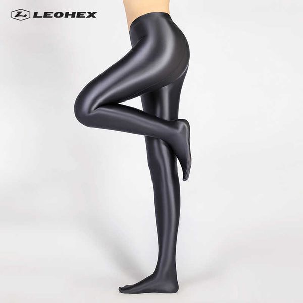 Leohex Spandex brilhante lustroso calça de calça cintura alta brilhante seios sexy meias yoga calças treinamento mulheres esportes leggings fitness 210929