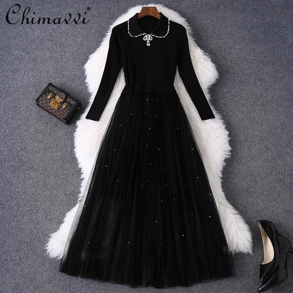 

casual dresses 2021 women's spring clothing long sleeve doll collar beaded knitted stitching mesh dress slim fit temperament maxi, Black;gray
