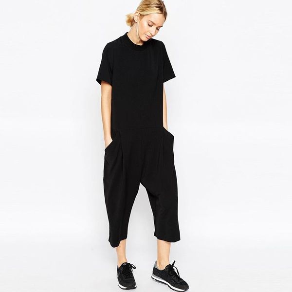 

women's jumpsuits & rompers european and american style minimalist solid black woman o-neck calf-length pants loose female jumpsuit, Black;white