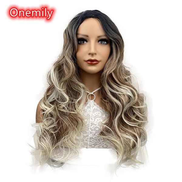 

onemily long wavy heat resistant synthetic ombre wigs for women girls with bangs theme party out fun brown blonde dark root, Black