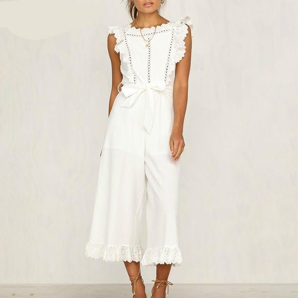 

women's jumpsuits & rompers inen ruffled jumpsuit embroidery women elegant hollow out sashes long romper ladies overalls, Black;white