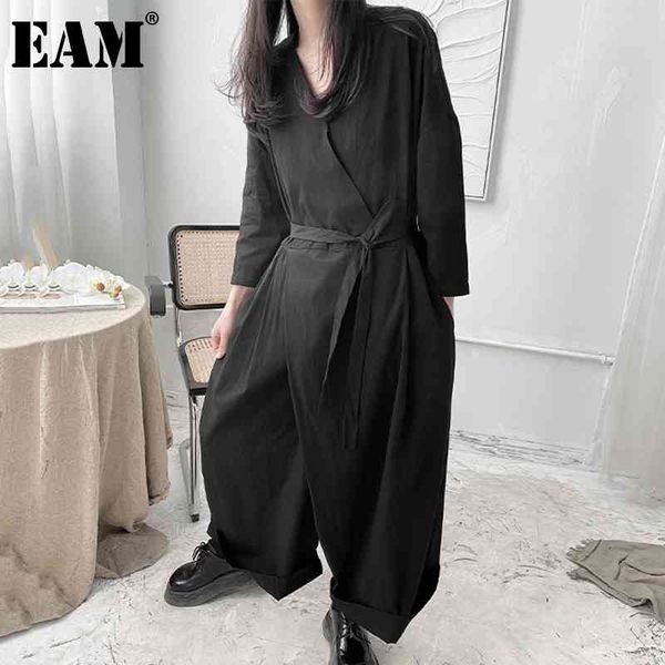 

[eam] loose fit women black big size irregular jumpsuit high waist pocket stitch pants fashion spring autumn 1dd6831 21512, Black;white