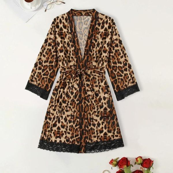 

women's sleepwear satin robe female intimate lingerie lace bridal wedding leopard casual kimono bathrobe gown nightgown nightwear, Black;red