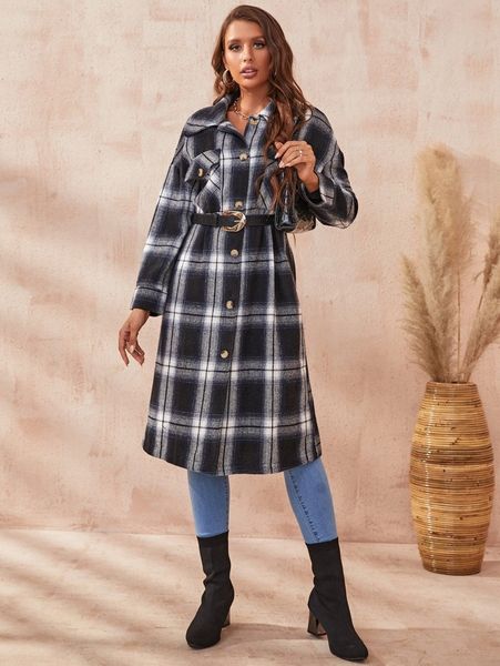 

plaid flap pocket single breasted drop shoulder coat without belt f5wp#, Black