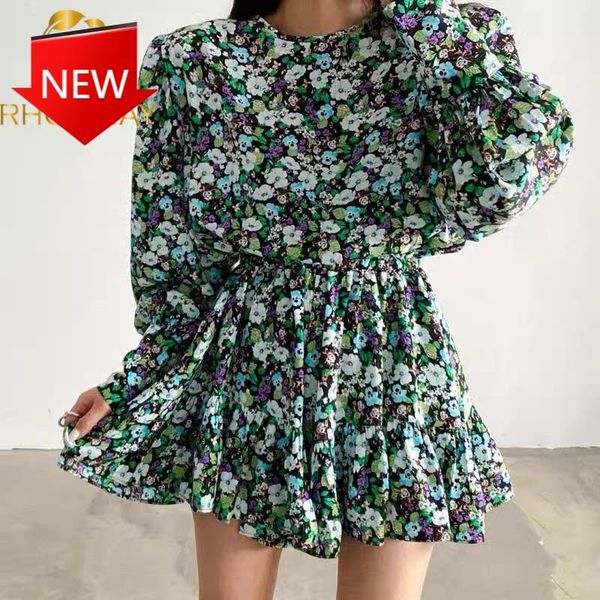

casual dresses women korean style chic office lady slim long sleeve vestidos 2021 summer floral print vintage elegant dress, Black;gray