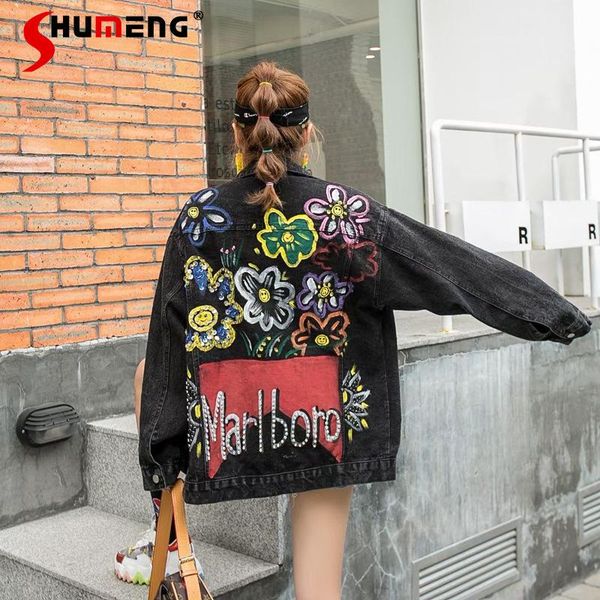

women's jackets 2021 spring and autumn sequin bead diamond graffiti jean jacket ladies loose distressed single-breasted denim coat fema, Black;brown