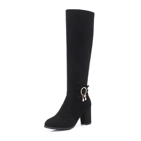 

boots annymoli winter knee high women crystal thick heel tall bow zipper round toe shoes lady autumn plus size 33-43 dgsm, Black