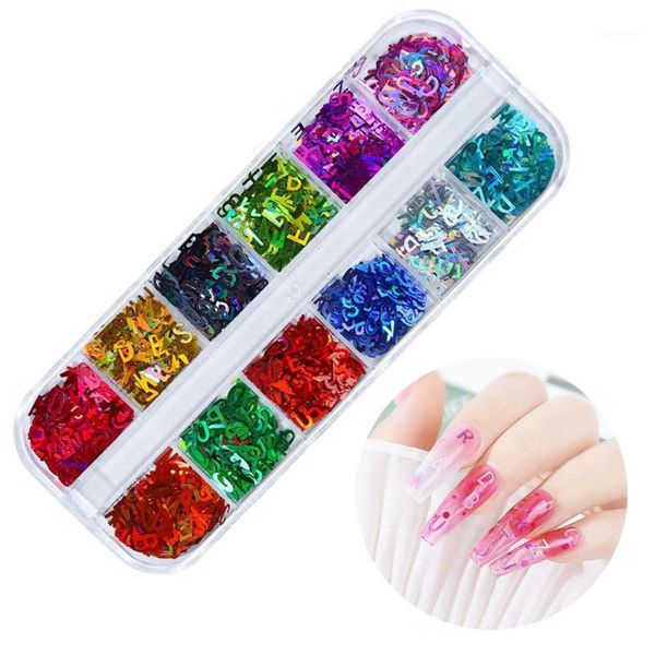 

12grids/box laser digital/hollow circle heart/butterfly/letter nail glitter sequins holographic paillette art flakes tc#741, Silver;gold