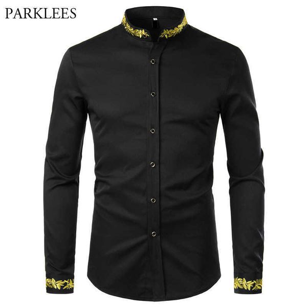 

black gold embroidery shirt men spring mens dress shirts stand collar button up chemise homme camisa masculina 210809, White;black