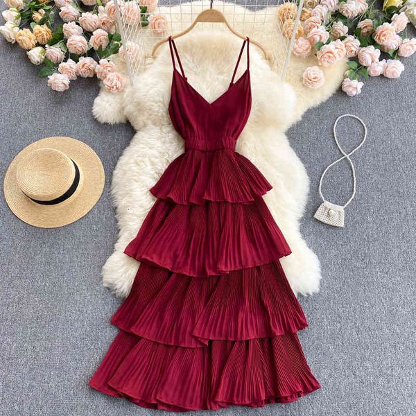 

two piece dress v-neck spaghetti strap sleeveless long women summer high waist backless cascading ruffles beach pleated maxi, White