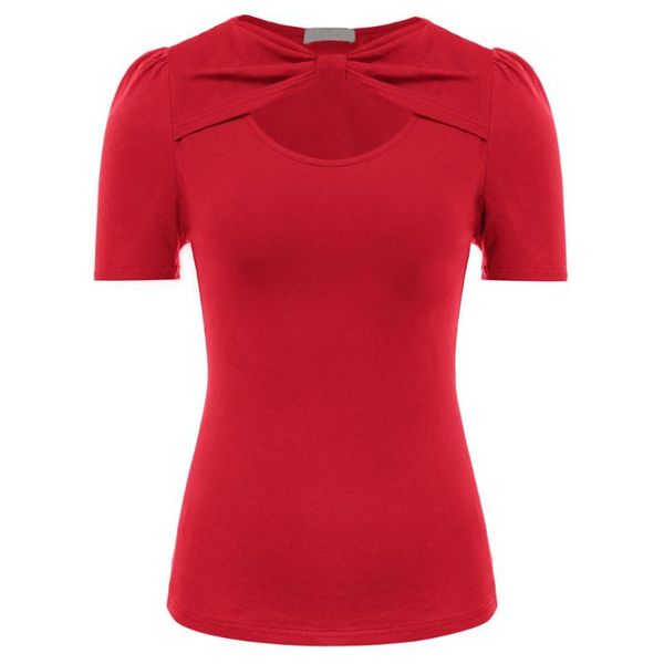 

women's t-shirt bp women vintage hollowed-out short sleeve knot decorated cotton adjustable neckline, White