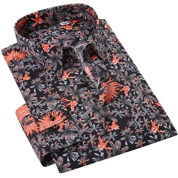 

men's casual shirts fashion floral print men holiday cotton shirt pocketless design long sleeve flowers hawaiian blouse beach, White;black