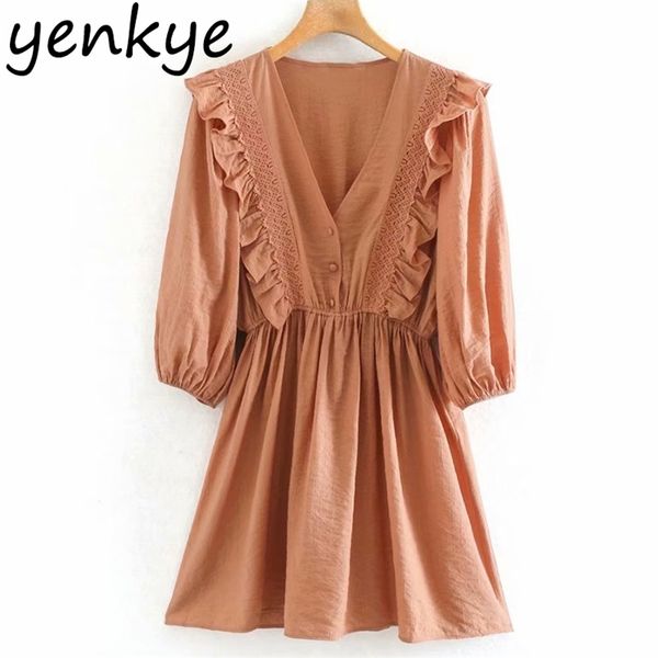 

fashion women lace trim summer dress sweet lady v neck lantern sleeve ruffle a-line short casual ozz9610 210514, Black;gray