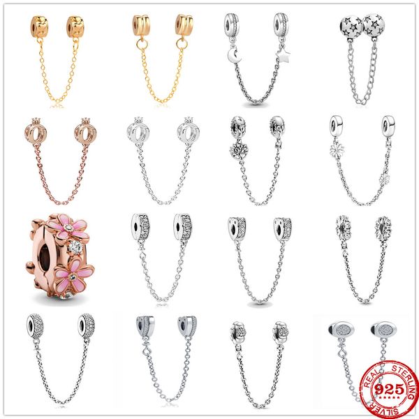 

925 silver shiny clear sparkling flower safety chain charm beads for pandora bracelet pendant jewelry women, Black