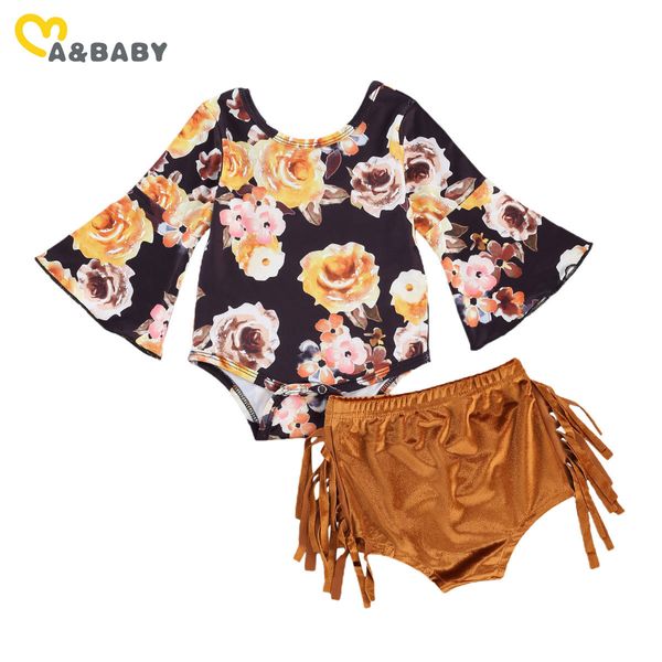 0-24 M Sonbahar Doğan Bebek Bebek Kız Giysileri Seti Çiçek Flare Sleeve Romper Püskül Şort Kıyafetler Bahar Giyim 210515