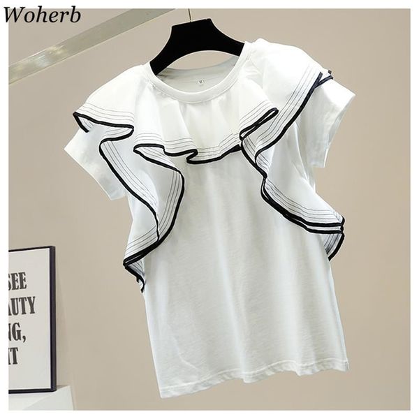 T-shirt casual elegante con volant solido T-shirt estiva da donna All Match Maglietta coreana chic moda femminile Top Lady Tee Shirts 210519