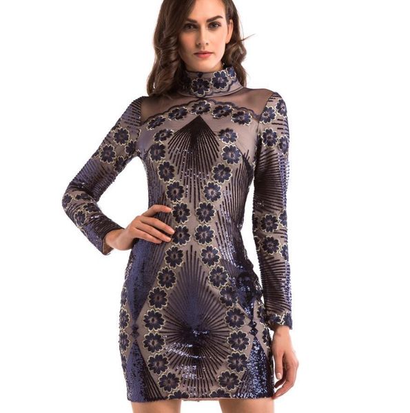 

fashion dress long sleeve stand collar sequin embroidered, Black;pink
