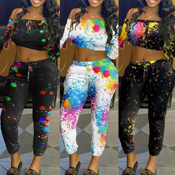 

women's tracksuits off shoulder 2 piece set autumn women slim fit outfit long sleeve crop casual elastic waist pants ladies party w, Gray