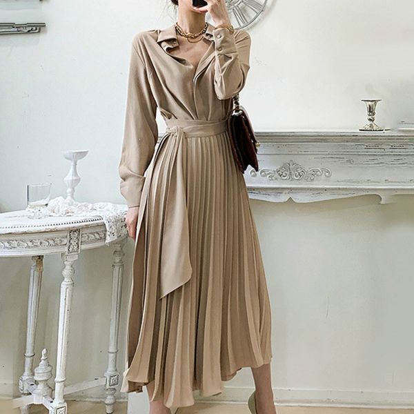 

casual dresses [ewq] korean chic fashion lapel single-breasted lace-up high-waist long-sleeved shirt skirt women summer 16w1465 z2se, Black;gray