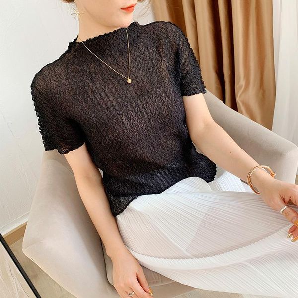 

women's t-shirt stretch t-shirts summer women 2021 solid color half turtleneck short sleeved miyake pleated thin tee plus size, White