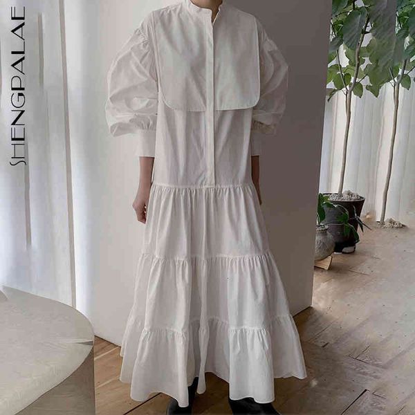 

casual dresses simple dress women's spring stand collor loose concealed button ruffles lantern sleeve mid-calf 5c24 pn7t, Black;gray