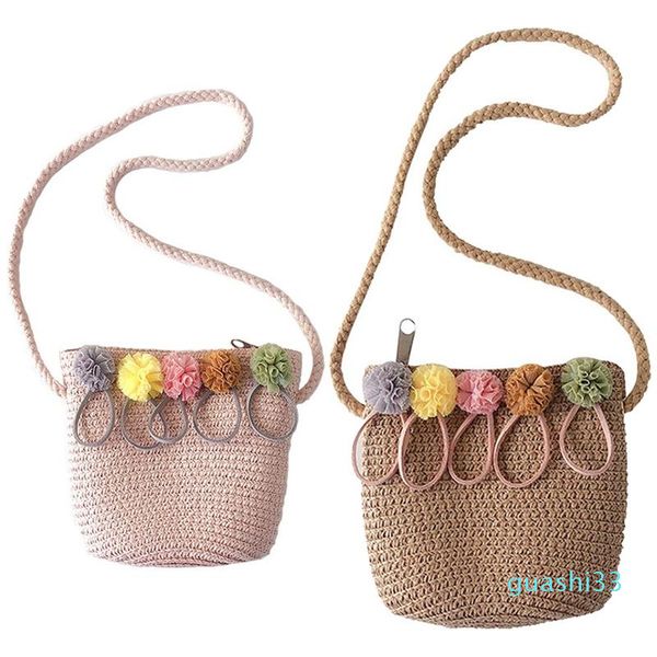

evening bags girls shoulder bag straw rattan weave crossbody for baby (pink&khaki)