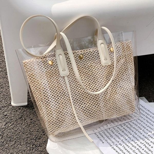 

evening bags fashion transparent pvc straw woven bag ladies large-capacity shoulder summer beach handbag waterproof female