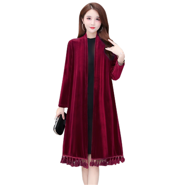 

women's trench coats spring fall middle-aged and elderly gold velvet jacket cardigan fringed mid-length loose large size windbreaker wo, Tan;black