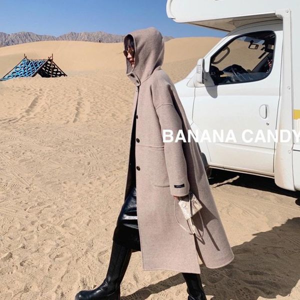 

women's wool & blends x83099 european and american wind with long double coat all hooded hangzhou clothing, Black