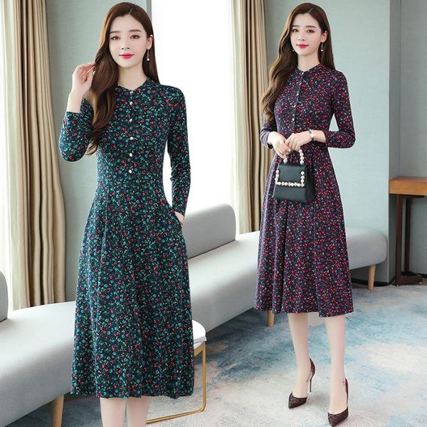 

casual dresses 2021 vintage female floral midi autumn winter 4xl plus size print long sleeve maxi dress elegant women party vestido, Black;gray