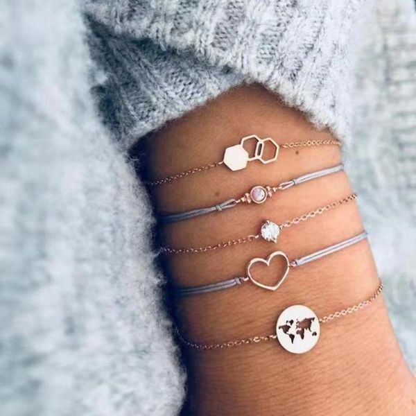 

link, chain europe and the united states trend hollow hexagonal opal love circle map zircon bracelet five-piece, Black